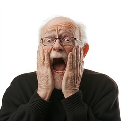 An elderly man screaming with his hands on his face, expressing shock or surprise.