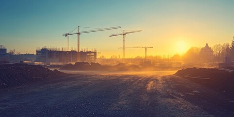Construction Site at Sunrise With Cranes and Fog Creating a Dramatic Atmosphere in a Developing Urban Landscape