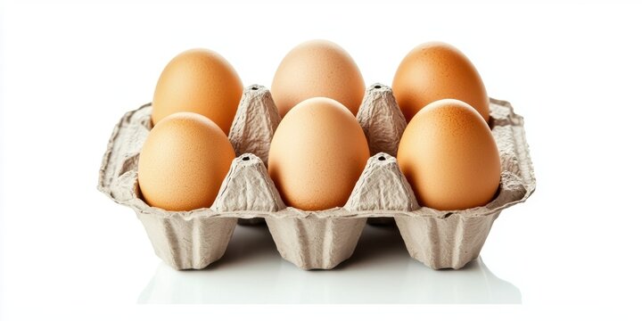 Six brown eggs in a cardboard carton, arranged neatly on a white background. - Powered by Adobe