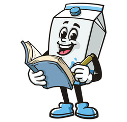 Milk Box character mascot cartoon with book