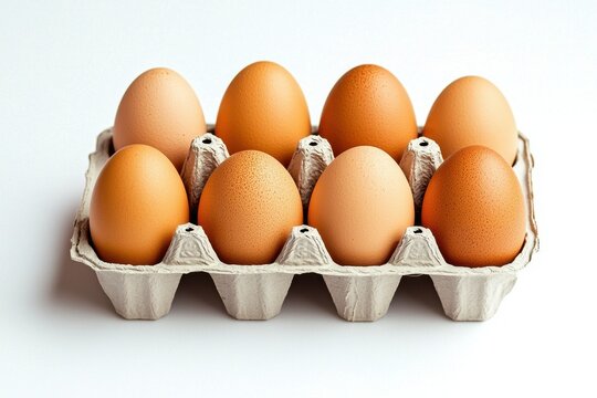 A carton filled with various brown eggs arranged neatly on a white background.