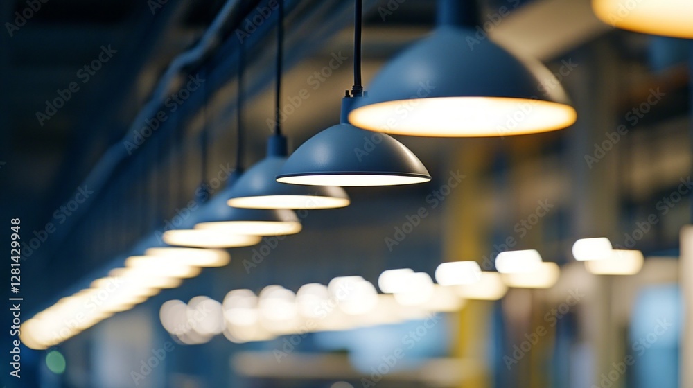 Poster a series of industrial lamps hangs from the ceiling, casting a warm and inviting light across the wo