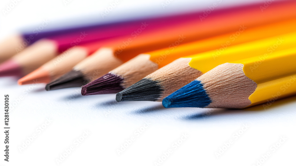 Poster close-up of colorful pencils lying on white background showing their tips, ready for drawing and col