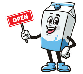 Milk Box character mascot cartoon holding an open sign
