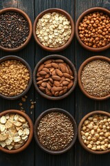 Obraz premium Rustic Wooden Bowls Displaying Assorted Grains Seeds and Nuts on Dark Wood Tabletop Overhead Shot Healthy Eating Vegan Diet Natural Light