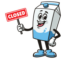 Milk Box character mascot cartoon holding a closed sign