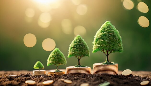 Growth and Prosperity: A visual representation of growth, featuring trees sprouting from stacks of coins, suggesting financial gains and positive development, under a blurred, radiant background.
