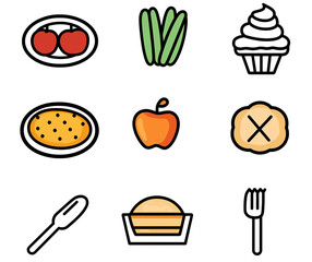 A set of icons for food and dining, featuring plates with cutlery on them, an apple pie icon, vegetables in rows, meat on the bone, chicken wings, transparent background PNG.