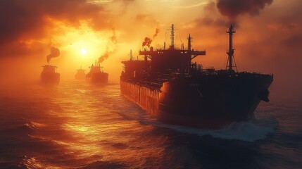Commercial Ships Navigate Through Calm Waters During Sunrise Near a Busy Port in the Early Morning Light Reflecting on the Ocean Surface