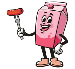Milk Box character mascot cartoon holding sausage