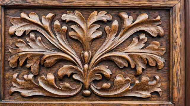 Intricate wooden carving featuring ornate leaf patterns showcasing craftsmanship and detail
