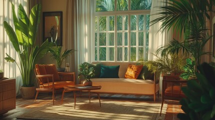 Cozy Interior With Natural Light Illuminating a Modern Seating Area Filled With Greenery and Warm Textures in a Tranquil Setting