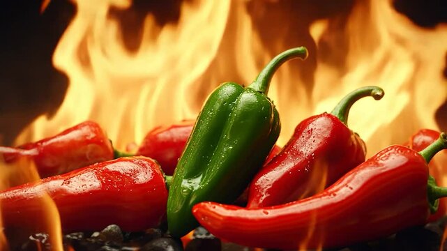 Roasted peppers fire background cooking food