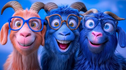Three blue goats with glasses are smiling and posing for a picture. The blue goat is the tallest and the other two are smaller