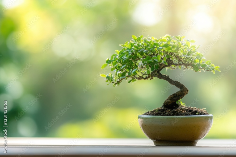 Poster small bonsai tree on a wooden surface with a blurred natural background in a serene setting. generat