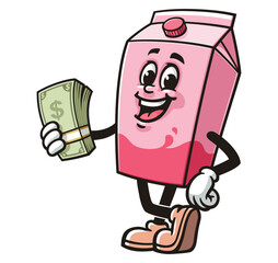 Milk Box character mascot cartoon holding cash