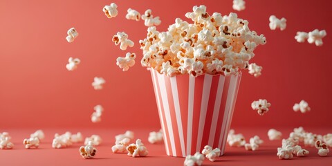 Colorful striped cup overflowing with popcorn as fluffy kernels tumble against a vibrant red background