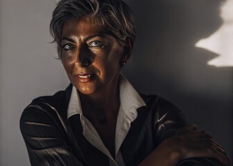 Fototapeta premium Confident portrait of a middle-aged hispanic woman with short hair in a modern setting for professional showcase