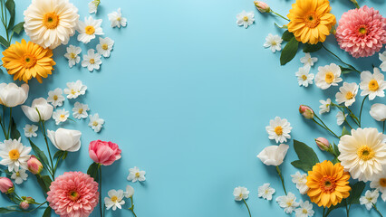 A blue background with a large flower arrangement in the center
