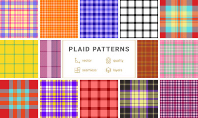 Vibrant collection of 12 seamless plaid patterns.  Highquality vector graphics, perfect for textile design, fashion, websites, or any project needing a stylish and versatile checkered texture.