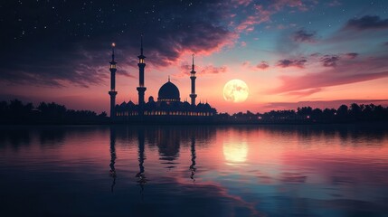 Naklejka premium Majestic Mosque Sunset Serene Waters Starry Night