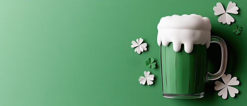 A frothy green beer in a glass mug, surrounded by shamrocks, set against a vibrant green background, perfect for celebrating St. Patrick's Day.