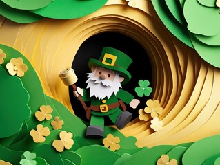 A whimsical paper-cut leprechaun stands in a colorful forest, holding a hammer, surrounded by clovers and leafy textures, perfect for St. Patrick's Day celebrations