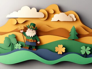 A colorful paper cut-out landscape featuring a cheerful leprechaun with a green hat, mountains, trees, and clovers, symbolizing St. Patrick's Day.