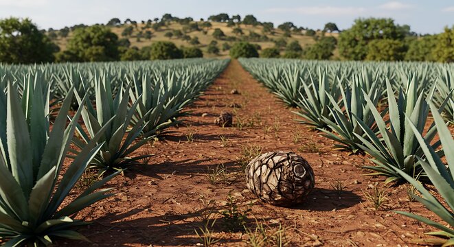 A single harvested agave piña rests in a sunlit field of agave plants ready for tequila production a picturesque scene of Mexican agriculture