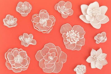 Beautiful white floral decorations on a vibrant coral background, showcasing various flowers that evoke a sense of elegance and freshness Perfect for spring themes