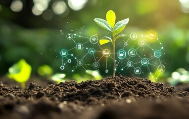 Fertile soil with a sapling, digital nutrient and environmental icons floating around, representing the future of plant health management and precision farming techniques
