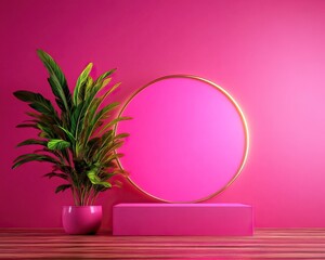 A vibrant pink background features a circular display with a potted plant, creating a lively and modern decor aesthetic.