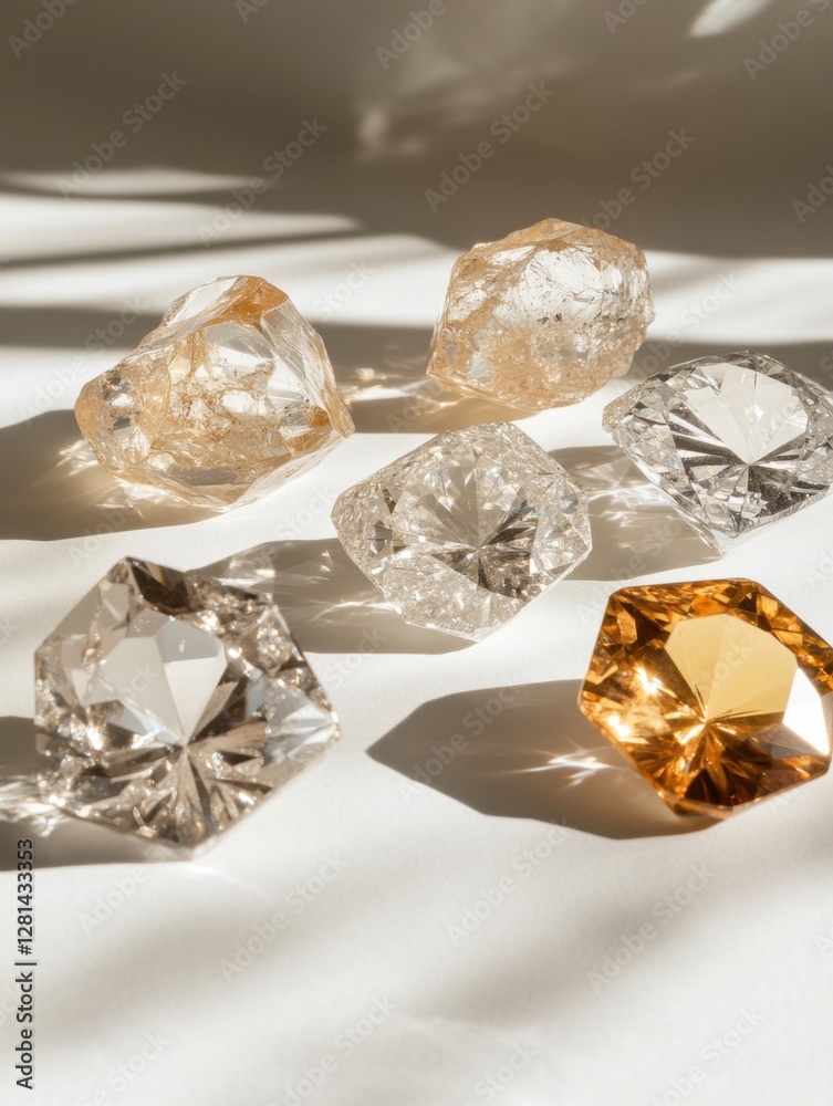 Poster captivating gems array sparkling under sunlight creating shadows on white surface in studio shot