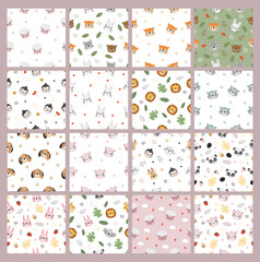 Fototapeta premium Cute animals pattern, cute safari, wild animals, kids pattern, cartoon, seamless pattern