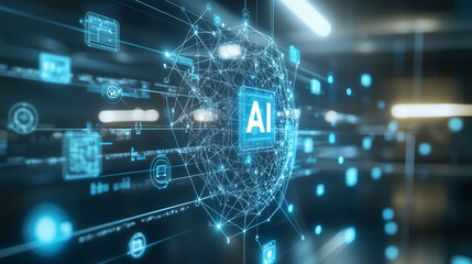 AI business and artificial intelligence. Data analysis and robotic process automation.  an "AI" icon on the application network system and other office icons floating on it