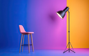 A modern, minimalist setting featuring a pink chair and a black lamp against vibrant purple and orange backgrounds.