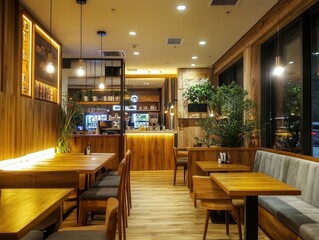 The wood paneled cafe reveals an inviting atmosphere within the setting
