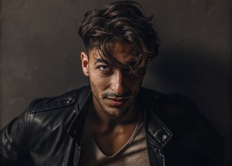 Obraz premium Portrait of young middle eastern man in leather jacket urban setting candid photography dimly lit environment close-up view exploring identity