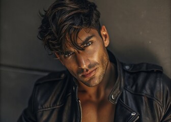 Fototapeta premium Portrait of young middle eastern man in leather jacket looking confidently outdoors urban setting fashion photography