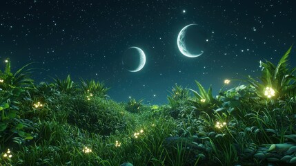 Naklejka premium Enchanted Night: Firefly Meadow Under Crescent Moons
