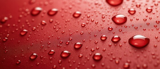 Close-up of red surface with water droplets, showcasing texture and shine.