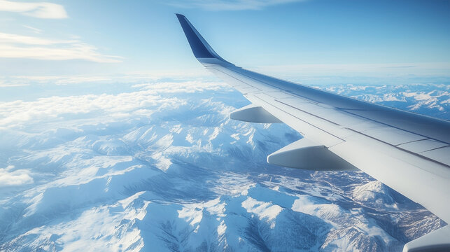 A plane is flying over a snowy mountain range