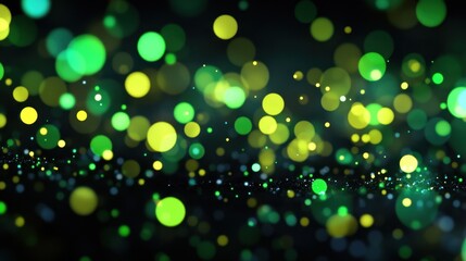 An abstract image features a dark background with numerous luminous green and yellow bokeh lights, creating a sparkling and festive effect