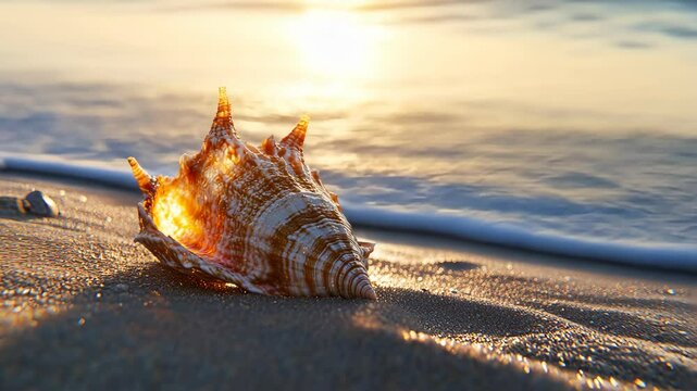 Beautiful seashell glistening in the soft sunlight on the beach at sunset
