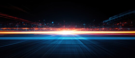 Dynamic digital city with vibrant light trails illuminating urban landscape and path to future innovation