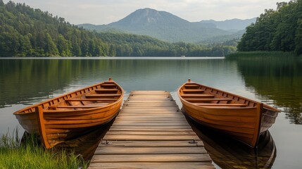 Obraz premium Two boats are docked at a pier in front of a mountain
