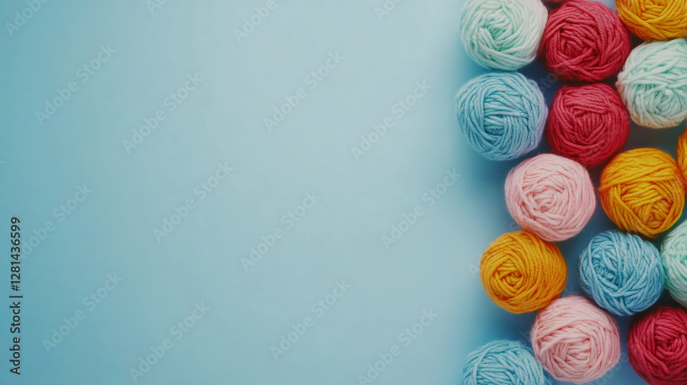 Poster colorful yarn balls bordering right side of light blue backdrop, forming textured craft-themed patte