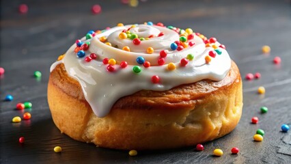 Soft, fluffy cinnamon roll topped with a generous dollop of creamy icing and sprinkled with sweet, colorful nonpareils , dessert toppings, morning treats