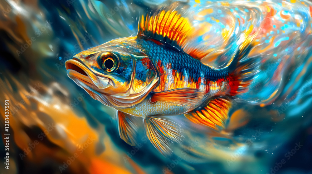 Poster colorful fish swims gracefully in crystal-clear water, its vibrant scales shimmering with an array o