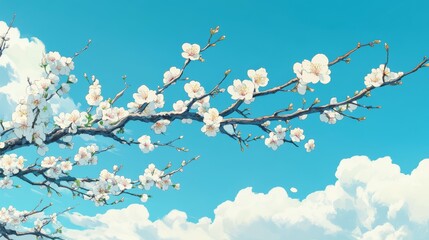Obraz premium A tree with white flowers is shown against a blue sky